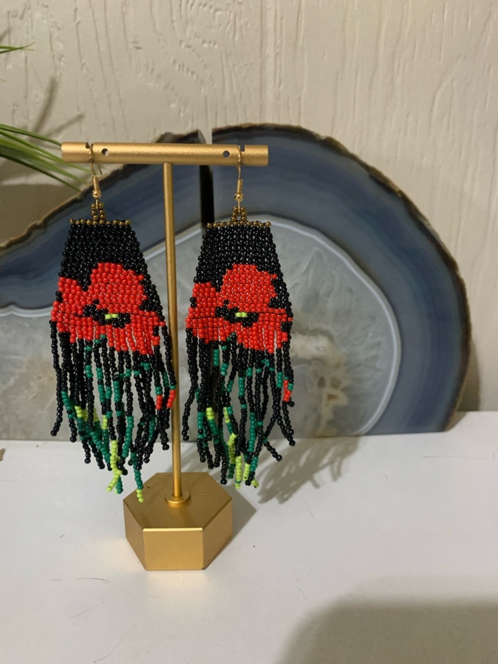 Black Beaded Fringe Earrings with Red Floral Accent